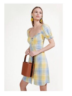 STAUD Sur Linen Check Plaid Mini Dress in Yellow and Blue Size 0